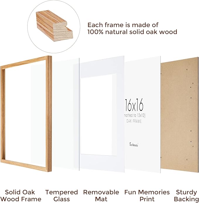 16x16 Oak Wood Picture Frame, 16"x16" Picture Frame Matted to 12"x12", Square Frame 16 x 16 with Real Glass, 16x16 Wood Frame for Wall - Beige Oak Color, 1 Pack