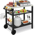 ROVSUN Gourmet Rolling Grill Cart Table with Double-Shelf, Stainless Steel Tabletop, Hooks, Side Handle, Pizza Oven Cart for Camping, Party, Tailgating, and Outdoor Cooking, Portable, Black and Silver