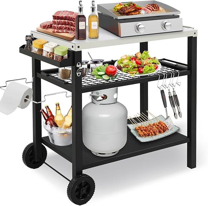 ROVSUN Gourmet Rolling Grill Cart Table with Double-Shelf, Stainless Steel Tabletop, Hooks, Side Handle, Pizza Oven Cart for Camping, Party, Tailgating, and Outdoor Cooking, Portable, Black and Silver