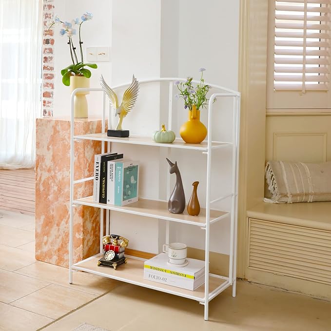 Crofy No Assembly Folding Bookshelf for Living Room, 3 Tier White Collapsible Book Shelf for Home Office, Portable Bookcase Storage Organizer