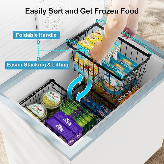 iSPECLE Freezer Organizer Bins - 6 Pack Adjustable Width for 5 to 7 Cu.Ft Chest Freezers, Stackable Freezer Wire Storage Baskets for Deep Freezer Organization, Assembly Required, Black