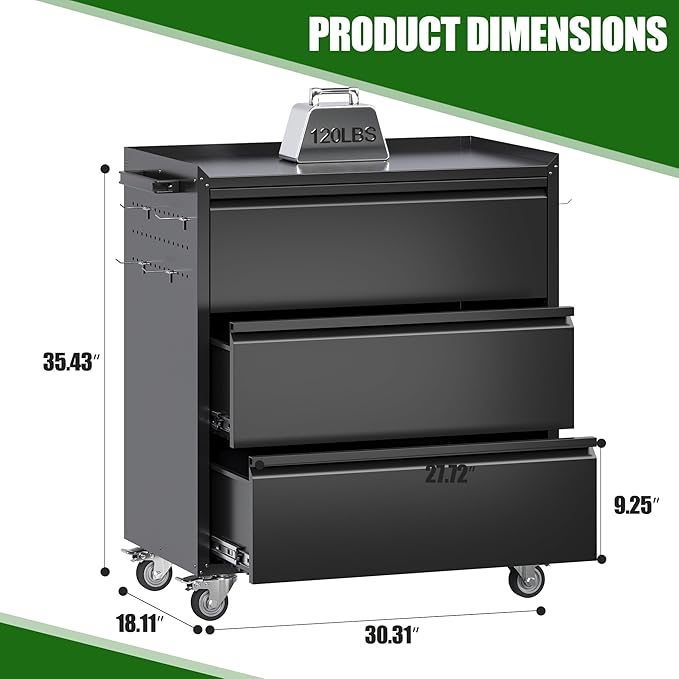 Aobabo Garage Storage Cabinet with 3 Drawers and 4 Hooks,Metal Storage Cabinet with Wheels for Garage Home,Required Assembly,Black,18.11" D x 30.3" W x 35.4" H