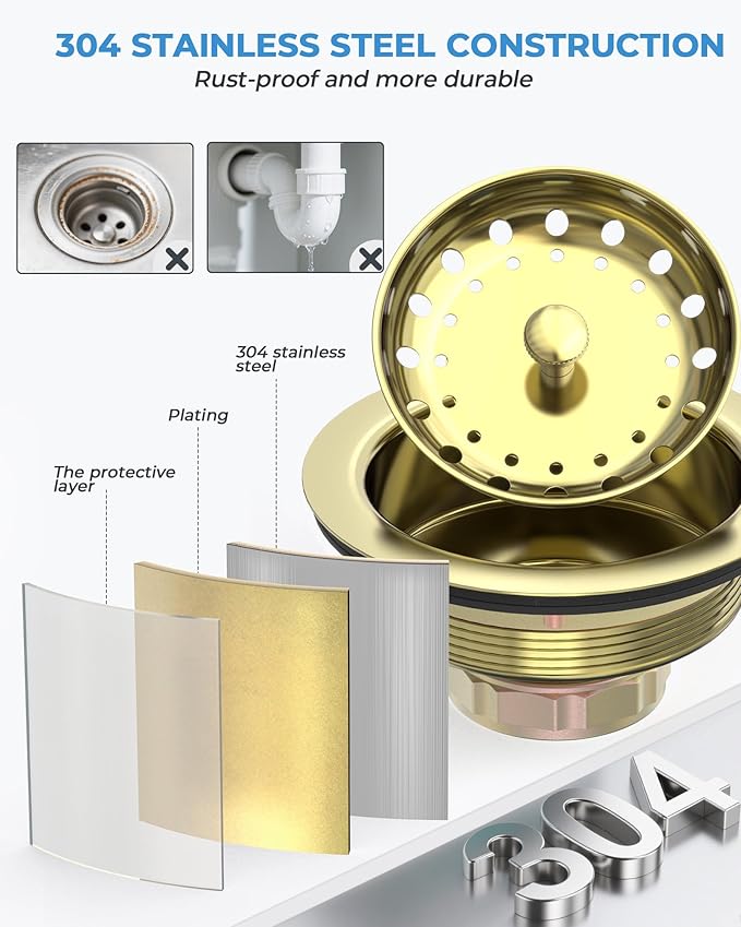 3-1/2 Inch Gold Kitchen Sink Drain Assembly Sink Drain Strainer with Stainless Steel Strainer Basket and Drain Stopper Replacement for Standard Kitchen Sink Drain, Stainless