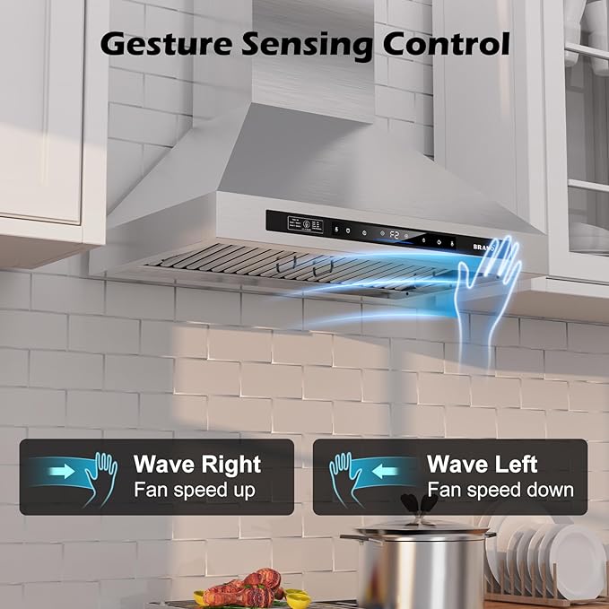 Wall Mount Range Hood 36 inch，900 CFM Kitchen Hood with Voice/Gesture/Touch Control，Vent Hood in Stainless Steel With Ducted/Ductless Convertible, 4 Speed Exhaust Fan