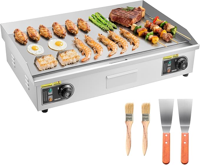 VEVOR Commercial Electric Griddle, 28.54 x 15.75 in, 2800W, 122-570°F Adjustable Temp Control, Stainless Steel Countertop Flat Top Grill with 2 Spatulas, 2 Brushes, 4 Foot Pads, for Steak(NO PLUG)