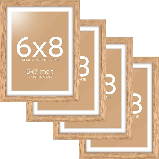 Homeforia 6x8 Picture Frame Natural Wood, High End Oak 6x8 Light Wooden Frames with Mat 5x7 for Photo, 6 x 8 Frame Matted to 5 x 7 Print, 8x6 Wall or Tabletop Frame, Tempered Glass, Wall Kit, Set of 4