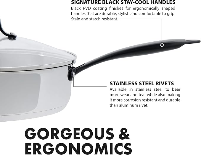GrandTies Tri-Ply Stainless Steel Saute pan Induction Cookware – 5 QT 12 Inch Capsule Bottom Stainless Steel Pan, Marquina Black Metal Handle Kitchen Cooking Pan with Lid, Dishwasher Safe Pot