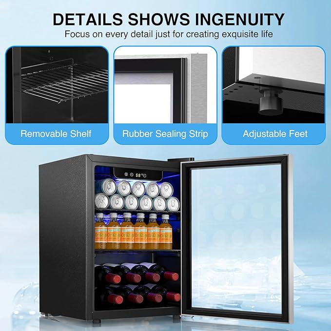 Kismile Mini Fridge 48L Refrigerator for 16 Bottle 68 Can,1.7 Cu.Ft Mini Refrigerator Cooler with Quiet Compressor,LED Light,Electronic Temperature Control for Home/Bar/Office 40-61℉,Silver