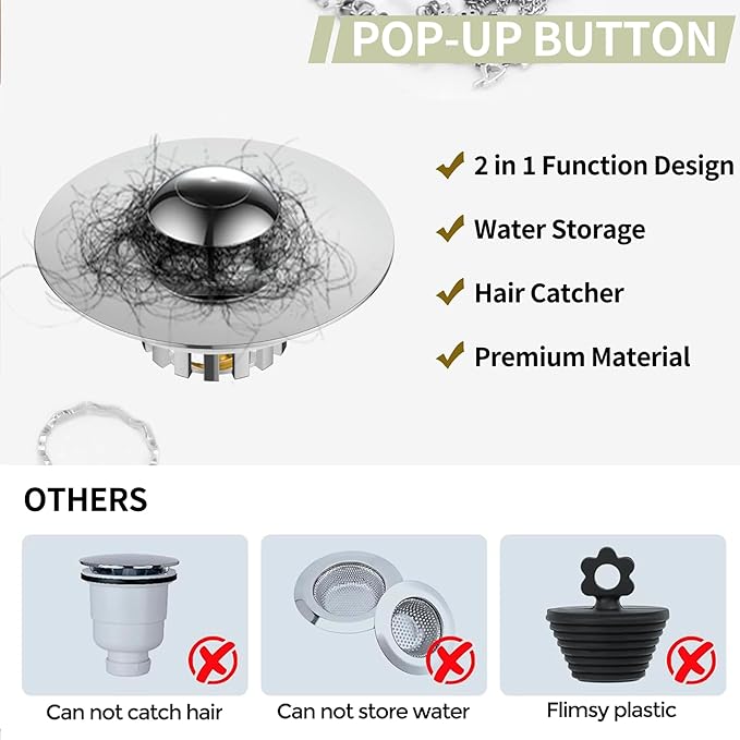 Kitchen Sink Drain Strainer 3 in 1, 304 Stainless Steel Pop Up Sink Stopper, Anti-Clogging Drain Stopper, Strainers for Kitchen, Drain Cover & Kitchen Accessories for US Standard Sink (Shiny Chrome)