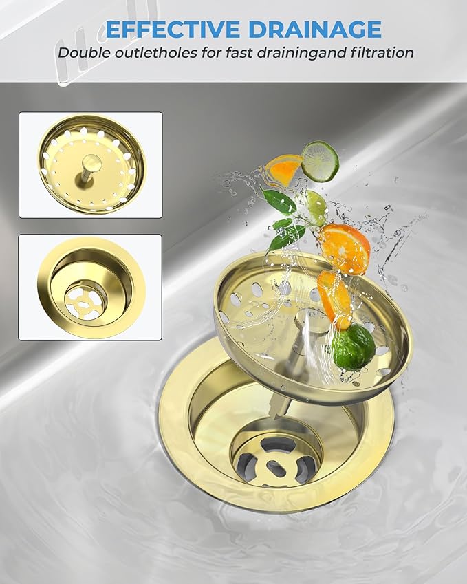 3-1/2 Inch Gold Kitchen Sink Drain Assembly Sink Drain Strainer with Stainless Steel Strainer Basket and Drain Stopper Replacement for Standard Kitchen Sink Drain, Stainless