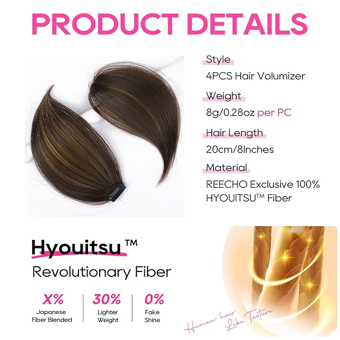 REECHO Clip in Hair Volumizer, Short Thick Clip in Hairpieces Adding Extra Hair Volume Extensions for Women with Thin Fine (Dark Brown with Highlights, 8 Inch(Pack of 4))
