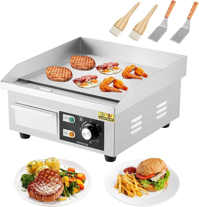 Commercial Electric Griddle 14 Inch – 1500W Stainless Steel, Non-Stick Flat Top Teppanyaki Grill, Adjustable Temp 50°C-300°C (122°F-572°F), Includes 2 Shovels & 2 Brushes, Countertop