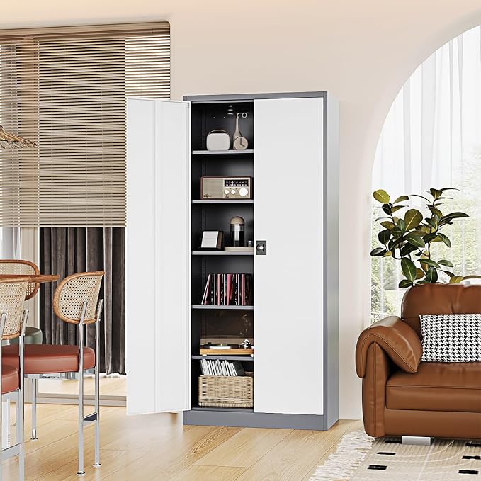 Metal Storage Cabinet-71” Tall Steel File Cabinets with Lockable Doors and Adjustable Shelves-Gray&White Steel Storage Cabinet for Home,Kitchen, School, Office, Garage