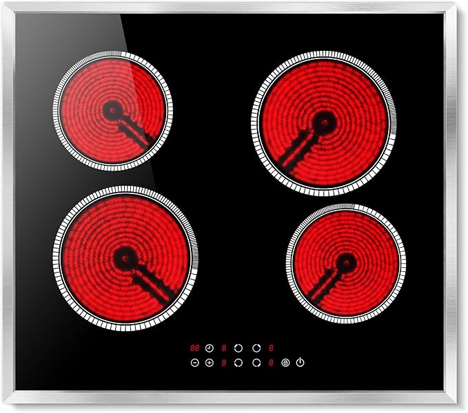 24 Inch Electric Cooktop 4 Burner Electric Stove, 6000W Built in Ceramic Stovetop with Touch Control 24", Timer, Child Lock, 9 Heating Level, 220-240v, Hard Wire(No Plug)