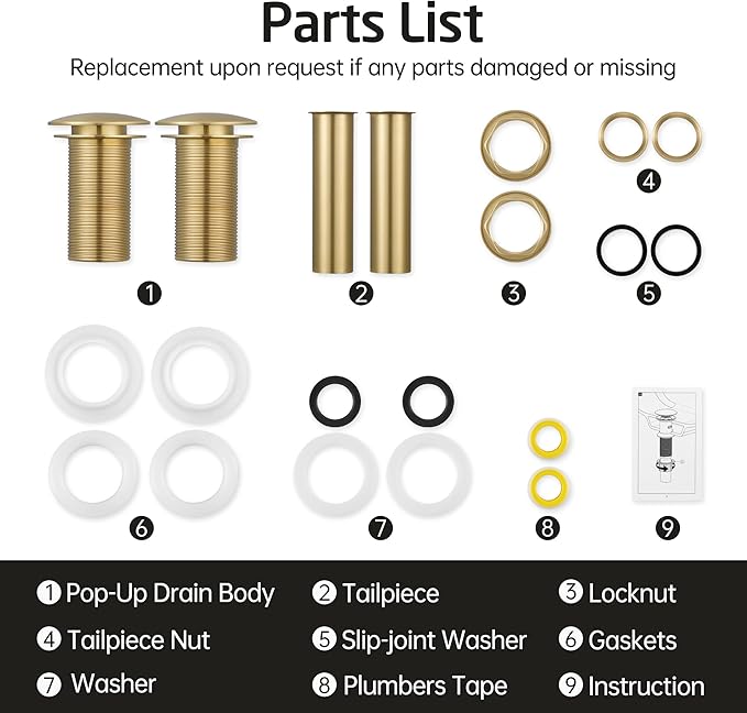KES Sink Drain Stopper Without Overflow, Pop Up Drain for Bathroom Vessel Sink Brushed Gold 2 Pack, All Metal Rustproof Brass and 304 Stainless Steel, for 1.6"-1.9" Sink Hole, S2008D-BZ-P2