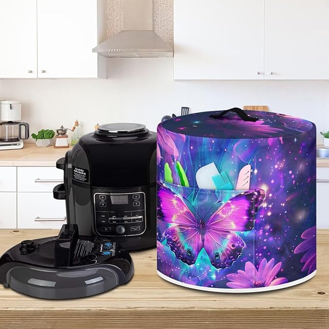 Dust-proof Kitchen Appliance Protector Cover 6 Quart Pressure Cooker/Air Fryer/Rice Cooker Cover with Top Handle and Storage Pocket Purple Flowers Print Home Kitchen Decorations