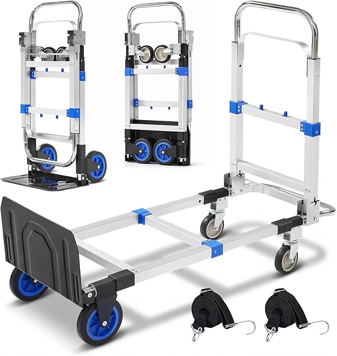 3 in 1 Folding Hand Truck Dolly Cart, Heavy-Duty Foldable and Convertible Design, Lightweight Portable Utility Cart with Rubber Wheels and Telescoping Handle for Moving, 500 lbs Capacity (Blue)