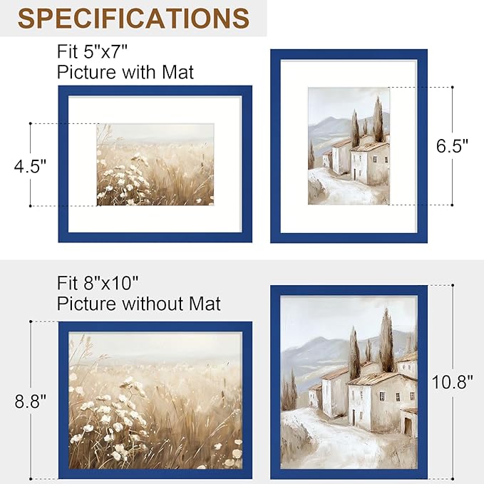 Vittanly 8x10 Picture Frame Set of 2, Solid Wood Frame for Wall or Tabletop, Display Photo 5x7 with Mat or 8x10 without Mat, Royal Blue