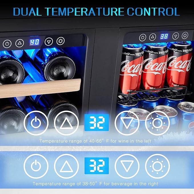 Kalamera 24 inch Wine Fridge Hold 21 Bottles and 75 Cans,Dual Zone Wine and Beverage Refrigerator,Built-In or Freestanding with Blue LED Light,for Home/Bar/Office
