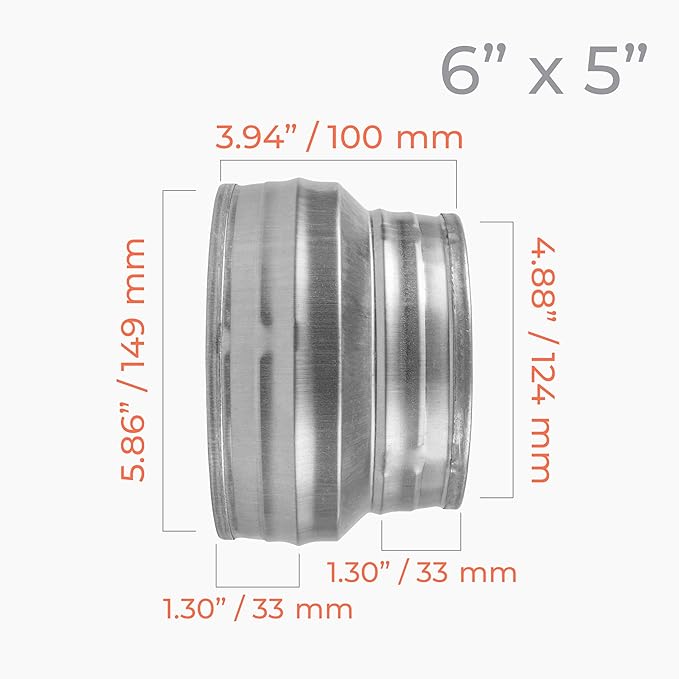 6" to 5" Inch Round Duct Reducer - Male Fit Galvanized Steel Pipe Increaser - Coupling for Round Duct Ventilation Systems - Heating & Cooling