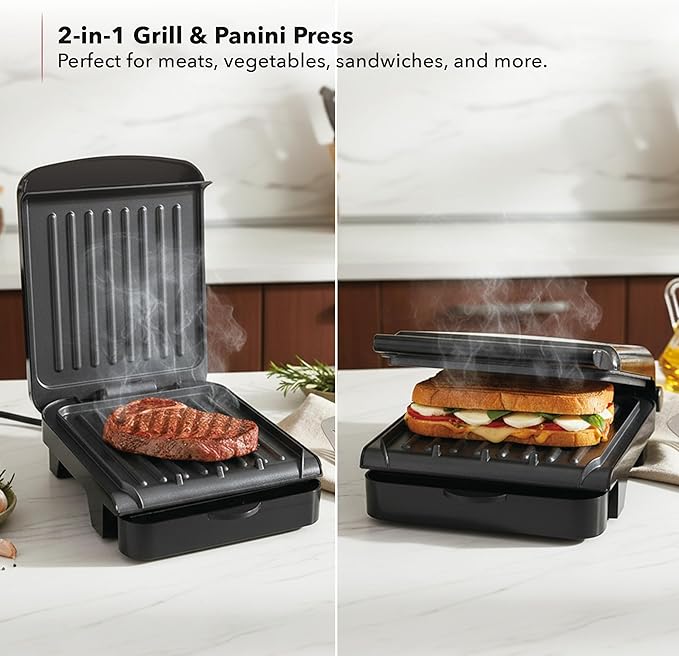 OVENTE 2-Serving Electric Indoor Grill & Panini Press with Easy Clean Non-Stick Plate Coating, Opens 180 Degrees, 8.15" x 7.4" Space Saving Design, 750W Contact Grill for Burgers & More, Black GP222B