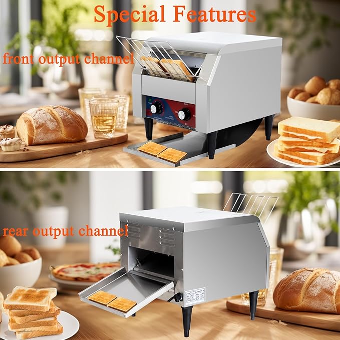 CTJ Commercial Toaster 300 Slices/Hour Electric Conveyor Belt Toaster Heavy Duty Stainless Steel Rotating Toasters Machince for Croissants Bun, Bagel, Bread