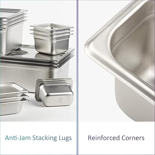 CURTA 6 Pack Anti-Jam Hotel Pans, 1/9 Size 2 1/2 Inch Deep, NSF Commercial 18/8 Stainless Steel Chafing Steam Table Pan, Catering Storage Metal Food Pan