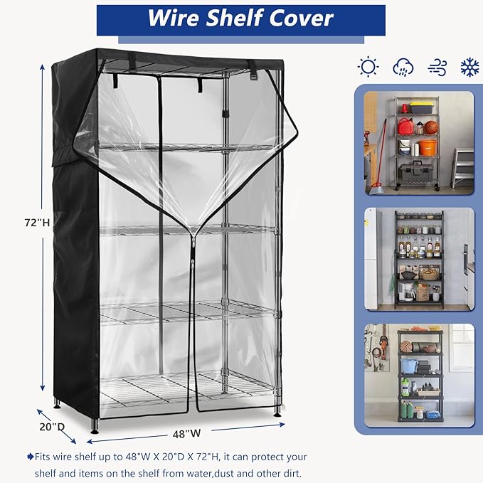 Wire Shelf Cover,600D Heavy Duty 100% Waterproof Shelf Covers for Wire Shelving,Outdoor Storage Shelves Cover for Metal Rack,48" W x 20" D x 72" H,Black with Clear Front