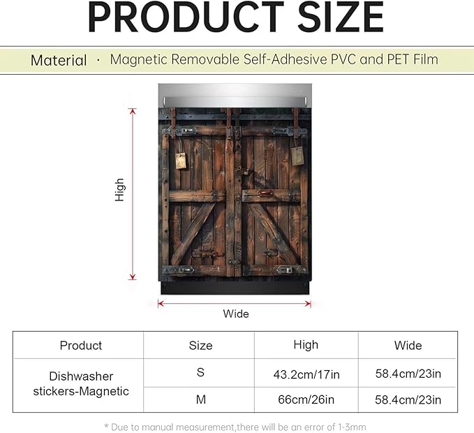 Barn Wooden Door Magnet Dishwasher Cover Panel Magnetic Sticker, Vintage Wooden Door Magnetic Skin Cover for Dishwasher Refrigerator Cabinets (23" x 26" Magnetic)