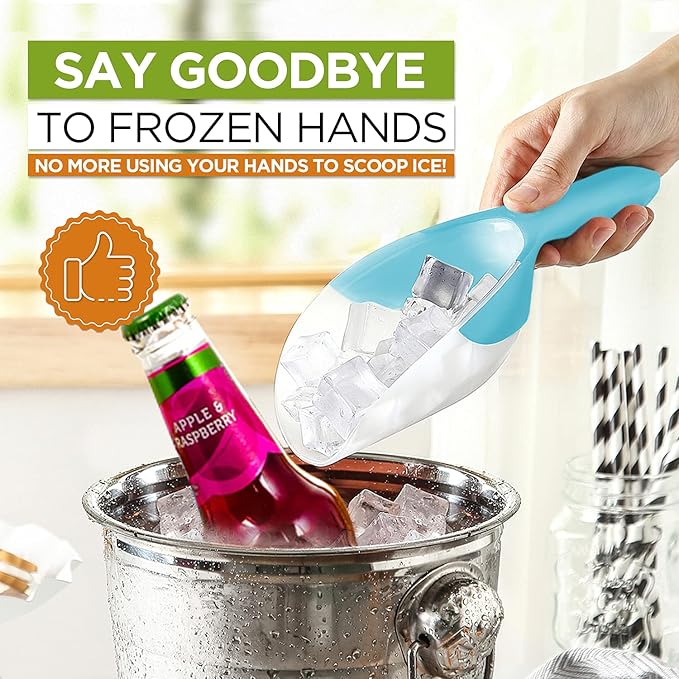Spring Chef Magnetic Ice Scoop for Freezer, Contoured Translucent BPA-Free Plastic Scoops with Soft Grip Handle, Kitchen Ice Scooper for Dry Goods, Popcorn, Pet Food, Flour - Set of 2 - Aqua Sky