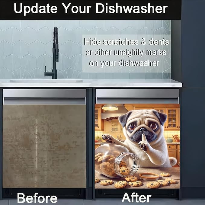 Dog Dishwasher Magnet Cover 23x26 Inch Funny Pug Dishwasher Magnet Cover Sticker Magnetic Refrigerator Panel Front Door Wash Machine Fridge Microwave Decal Home Kitchen Decorative