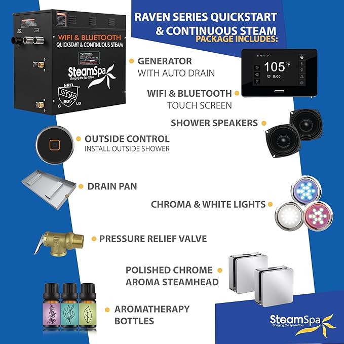 SteamSpa Steam System 10.5kW Steam Shower Generator with Bluetooth Wifi, Quickstart Continous Steam, Advanced Touch Pad Screen, Chroma Lights, Drain Pan and Auto Drain Chrome RVBS1050CH-A