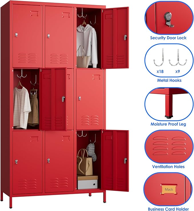 METAN Metal Locker for School Office Gym Bedroom,9 Doors Steel Storage Lockers Cabinet for Employees,Industrial Storage with Padlock,Assembly Required,Red