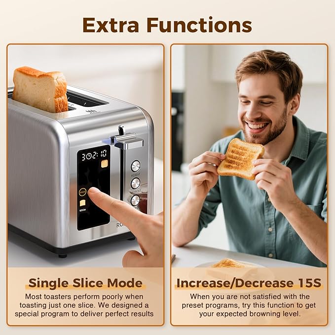 2 Slice Easy Touch Screen Toaster, Stainless Steel Toaster with Wide Slots, Even Toasting for Bagels & Bread, Reheat & Defrost, Removable Crumb Tray, Silver