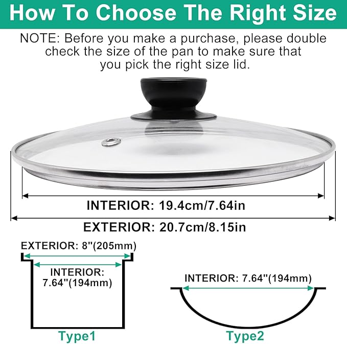 Pan Lid 8 Inch, Round Tempered Glass Lid, Universal Pot Lids with Heat Resistant Handle, Replacement Pan Cover for Pans and Skillets, Dishwasher Safe