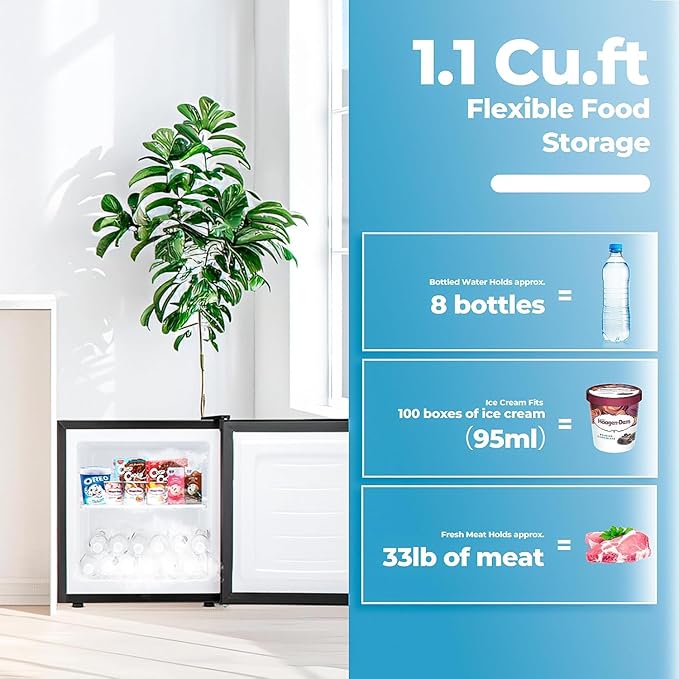 1.1 Cu.ft Small Freezer, Mini Upright Freezer with 7 Adjustable Thermostat, Removable Shelves, Reversible Single Door, for Bedroom/Home/Dorms/Apartment (Black)
