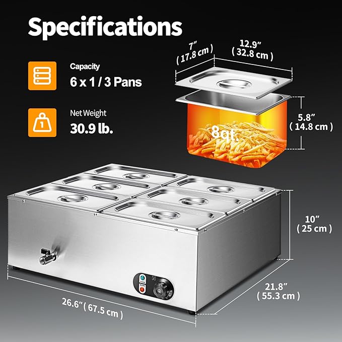 Commercial Food Warmer 48 Qt Stainless Steel Steam Table Countertop Buffet Warmer, 6-Pan 1500W Electric Bain Marie Food Warmer with Adjustable Temperature for Restaurants, Catering, Hotels