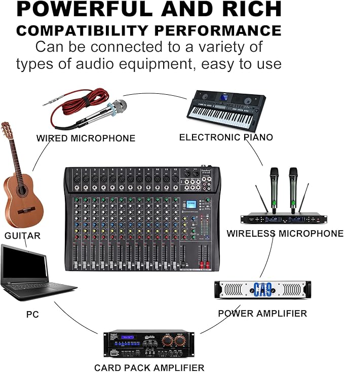 Depusheng DT12 Studio Audio Mixer 12-Channel DJ Sound Controller Interface w/USB Drive for Computer Recording Input, XLR Microphone Jack, 48V Power, RCA Input/Output for Professional and Beginners