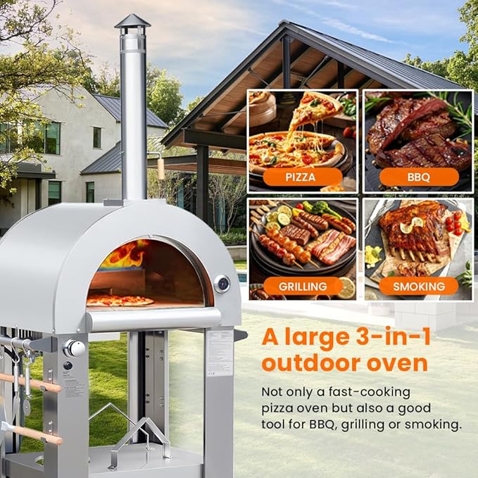32.5" Dual Fuel Pizza Oven - Wood Fired or Propane Gas Fueled, Large Outdoor Oven with 4 Casters, 8 pcs Pizza Stones for BBQ, Grilling, 430 Stainless Steel Pizza Oven for Backyard, Camping and Party