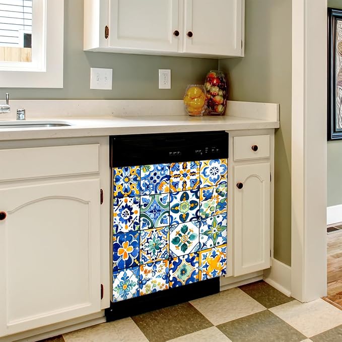 Dishwasher Magnet Cover Troditional Spanish Tile Pattern Reusable Dishwasher Magnetic Cover Sticker Decorative Dish Washer Door Cover Panel for Home Kitcen Appliance