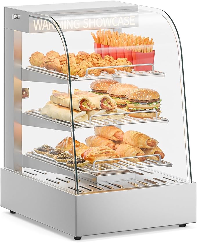 ROVSUN 15" Commercial Food Warmer Display Pizza Warmer, 3-Tier Electric Countertop Food Warmer w/LED Lighting Adjustable Removable Shelves Glass Door, Pretzel Warmer for Buffet Restaurant, Silver
