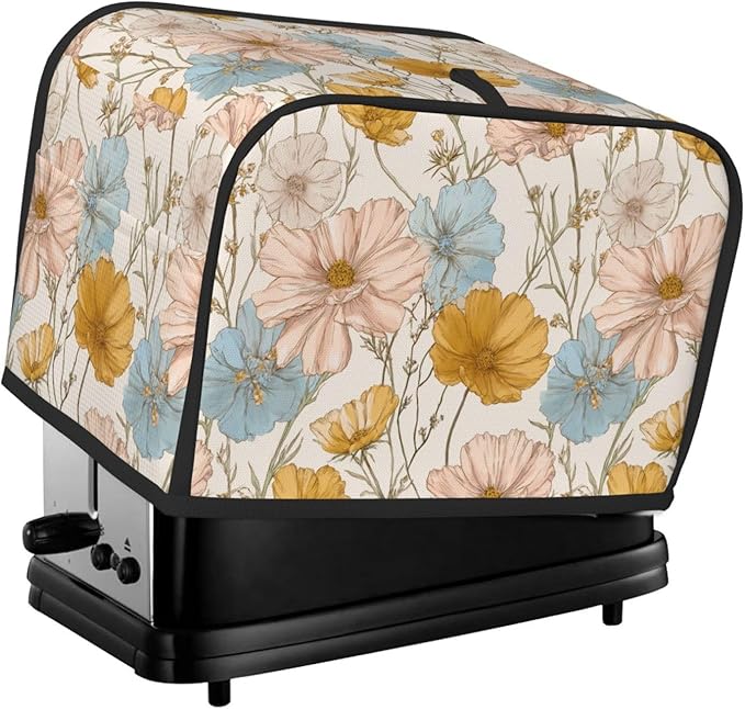 2 Slice Toaster Cover for Kitchen Vintage Flower Botanical Waterproof and Dustproof Toaster Dust Cover with Side Pockets Decorative Universal Cover for Wide Slot Toasters and Small Appliances