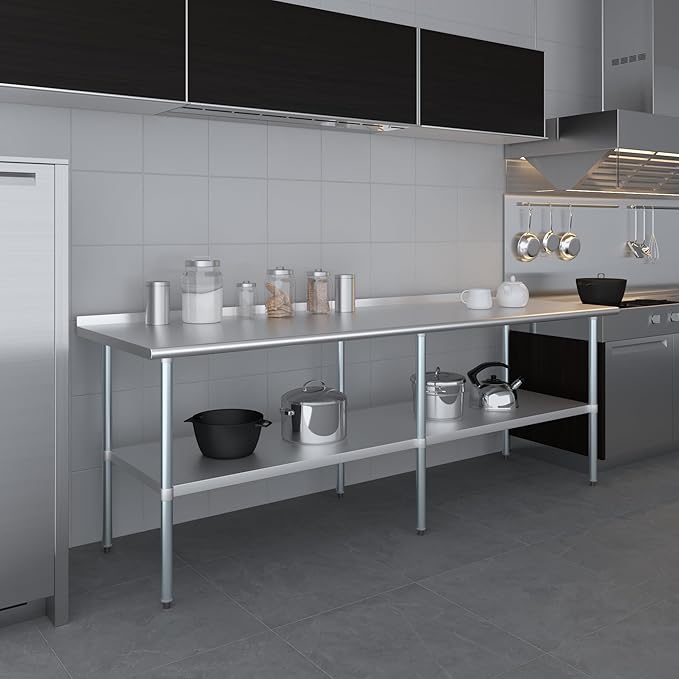 AmGood Stainless Steel Work Table with 1.5" Backsplash | Metal Kitchen Food Prep Table | NSF (96" Long x 30" Deep)