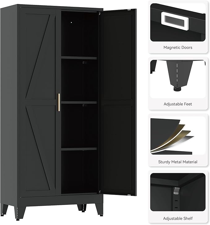 61" Tall Pantry Cabinet, White Metal Pantry Storage Cabinet, Kitchen Pantry Storage Cabinets with 2 Door and 3 Adjustable Shelves (Black, 61" H)