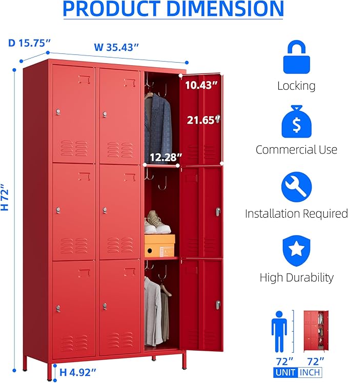 METAN Metal Locker for School Office Gym Bedroom,9 Doors Steel Storage Lockers Cabinet for Employees,Industrial Storage with Padlock,Assembly Required,Red