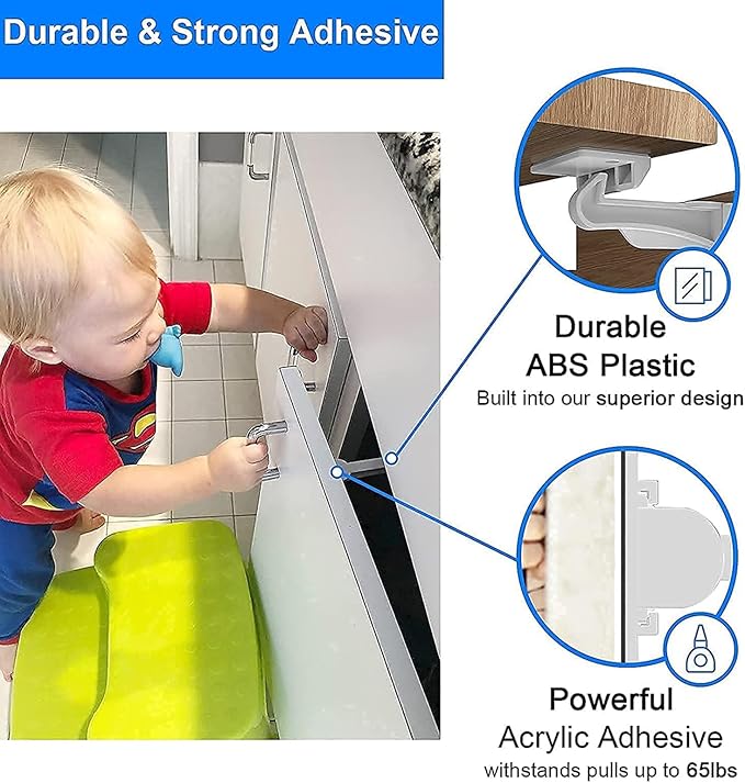 2 Pack Upgraded Invisible Baby Proofing Cabinet Latch Locks - No Drilling or Tools Required, Children Proof Cupboard Drawers Latches, Works with Most Cabinets and Drawers - Adhesive Easy Installation