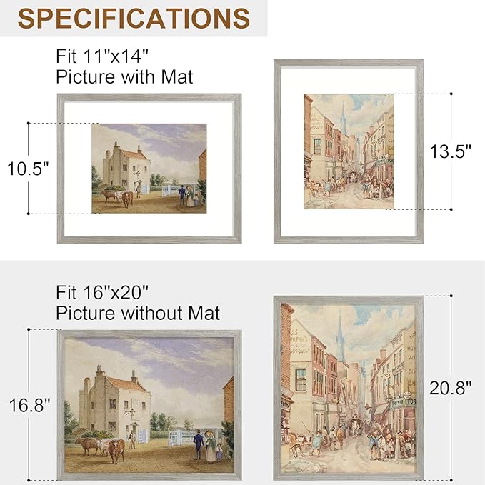 Vittanly 16x20 Picture Frame, Solid Wood Frame with Plexiglass, Includes 11x14 Mat, Wall Hanging for Photos, Home Decor, Grey, 1 Pack
