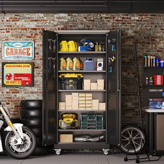 Aobabo Garage Storage Cabinet with Door Pegboard,Lockable Metal Storage Cabinet with 5 Adjustable Shelves for Garage Home,Required Assembly,Black