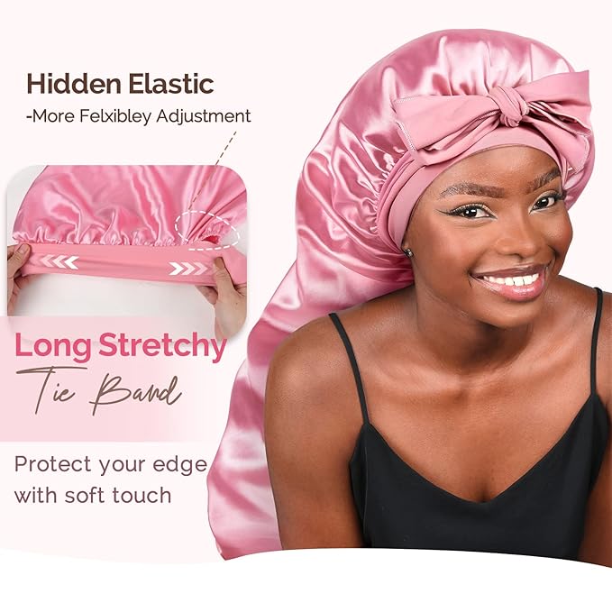 YANIBEST Long Bonnet Satin Bonnet for Sleeping Braid Bonnet with Tie Band Silk Sleep Bonnet for Women Locs Blush Pink