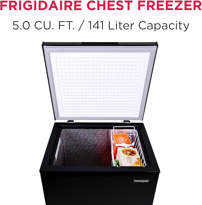 FRIGIDAIRE EFRF5003-BLACK Chest Deep Freezer-Garage-Ready, 5.0 Cu. Ft. Capacity, Black-Adjustable Thermostat-Removable Vinyl Coated Wire Basket-Easy Defrost Drain